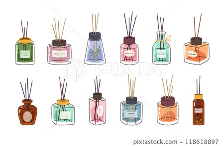 Perfume diffusers. Hand drawn fragrance essential oil bottles with reeds. Aromatherapy glass bottle with sticks, home decor perfumes isolated vector illustration set 118618897