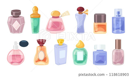Cartoon perfume bottles. Aroma water, fragrant essences glass bottle packages and luxury cologne. Fragrances pumps and sprayers isolated vector illustration set 118618903