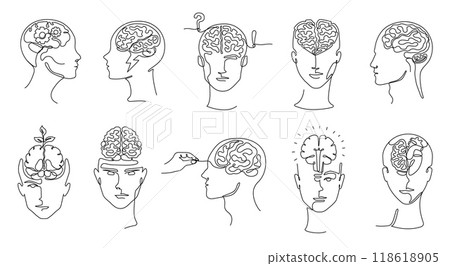 Continuous one line mind. Human head with brain, creative thinking, mental health and personal growth hand drawn concept line art vector illustration set 118618905