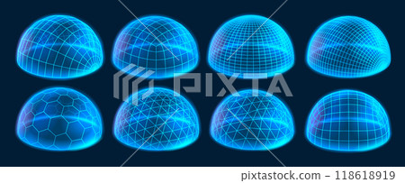 Wireframe dome shields. Secure protection field, digital holographic domes and glowing 3D hemisphere grids. Bubble cover and futuristic safety barrier with glow effect vector set Wireframe dome shields. Secure protection field, digital holographic domes and glowing 3D hemisphere grids. Bubble cover and futuristic safety barrier with glow effect vector set 118618919