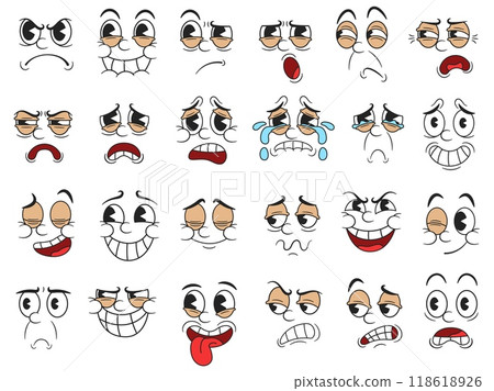 Retro cartoon emotions. Facial expressions, funny hand-drawn cartoon faces with pie eyes for 1930 rubber hose animation style character design. Isolated vector illustration set Retro cartoon emotions. Facial expressions, funny hand-drawn cartoon faces with pie eyes for 1930 rubber hose animation style character design. Isolated vector illustration set 118618926