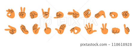 Doodle hands gestures. Hand signs for pointing finger, holding, pinch, punching fist and waving hand gesture. Minimal vector illustration set 118618928