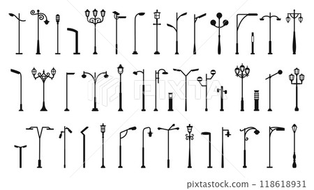 Streetlights silhouettes. Outdoor lighting lamp posts, street light poles and park illumination. Vintage lanterns and modern streetlights shapes vector set 118618931