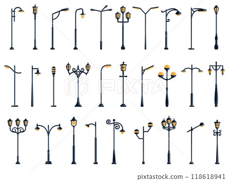 Vintage and modern streetlamps. Classic streetlights, antique lanterns, lights poles and outdoor lamp posts for urban streets and park lighting isolated flat vector illustrations set 118618941