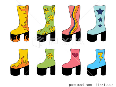 Set of trendy 1980 retro disco boots. Collection vintage shoes different design. Vector flat illustration. Set of trendy 1980 retro disco boots. Collection vintage shoes different design. Vector flat illustration. 118619002