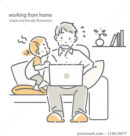 A simple and stylish line drawing of a father struggling with teleworking from home 118619077