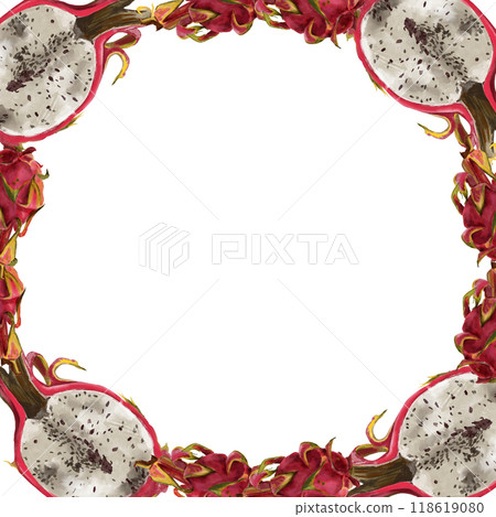 Pitaya frame, pink dragon fruit. Exotic tropical ripe fruits, slices and whole, hand drawn watercolor painting in realistic style. Exotic fruits 118619080