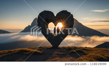 Two tourists on top of a mountain inside a stone heart 118619090