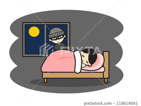 A suspicious person watches a sleeping woman through a window 118619091