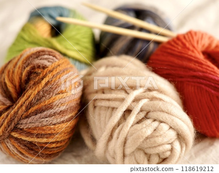 Colorful yarn and knitting stick Colorful yarn and knitting stick 118619212