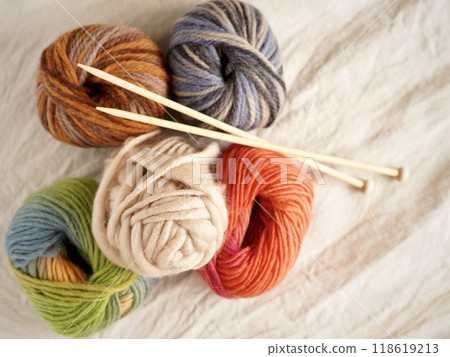 Colorful yarn and knitting stick Colorful yarn and knitting stick 118619213