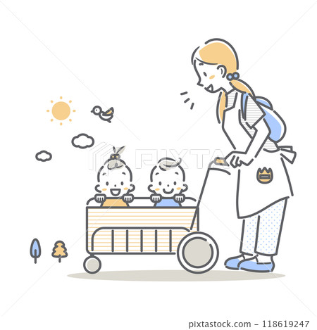 A nursery teacher walking a baby in a cart - simple and stylish line drawing illustration A nursery teacher walking a baby in a cart - simple and stylish line drawing illustration 118619247