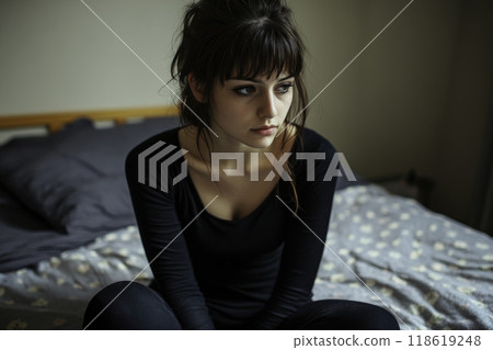 Sad woman in depressed state sits on bed in bedroom 118619248