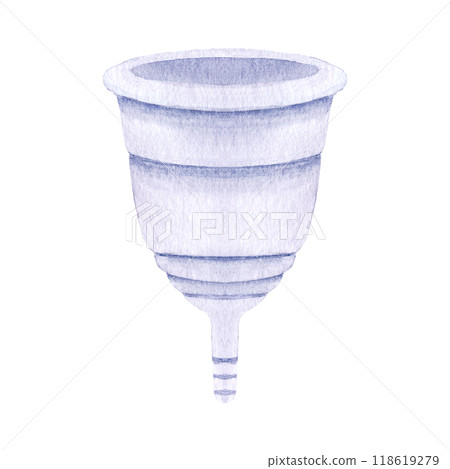 A menstrual cup watercolor illustration isolated on white. Light purple product for women's health. Great for eco-friendly period care design, ads, packaging. Sustainable lifestyle of modern women A menstrual cup watercolor illustration isolated on white. Light purple product for women's health. Great for eco-friendly period care design, ads, packaging. Sustainable lifestyle of modern women 118619279
