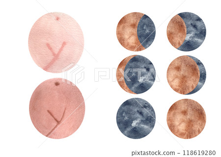 A women body signs in two tones and moon phases watercolor set isolated on white. Great for eco-friendly menstrual care decor and design, calendars, logotypes, labels, websites. Sustainable lifestyle A women body signs in two tones and moon phases watercolor set isolated on white. Great for eco-friendly menstrual care decor and design, calendars, logotypes, labels, websites. Sustainable lifestyle 118619280