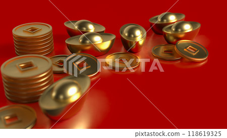 Chinese gold and coins on red Background 3d rendering. 118619325