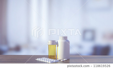 The medicine bottle on wood table for heath and sci concept 3d rendering. The medicine bottle on wood table for heath and sci concept 3d rendering. 118619326