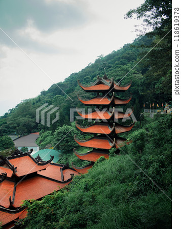 red clay tile roof tiles with mountain 118619378