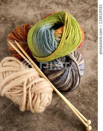 Colorful yarn and knitting stick Colorful yarn and knitting stick 118619581