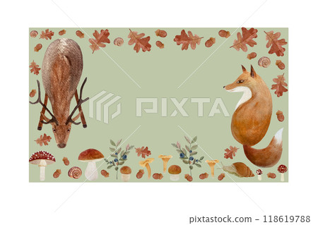 Autumn forest wild plants fox and stag watercolor rectangular horizontal frame on muted green. Hand drawn high quality art in simple flat style for woodland kids designs, cards, gift boxes and Autumn forest wild plants fox and stag watercolor rectangular horizontal frame on muted green. Hand drawn high quality art in simple flat style for woodland kids designs, cards, gift boxes and 118619788