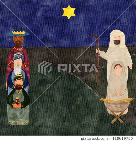 Wise men holy family Christmas card hand painted digital watercolor on dark textured background. High quality illustration for cards, stickers, posters, celebration of true Christmas, decoration Wise men holy family Christmas card hand painted digital watercolor on dark textured background. High quality illustration for cards, stickers, posters, celebration of true Christmas, decoration 118619790