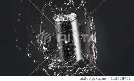 Black 280 ml soda can with drops splash mockup, depth of field 118619791