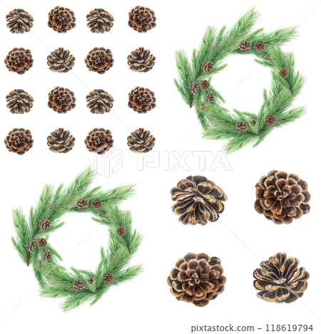 Pine wreath and pine cones watercolor hand painted plant design element set isolated on white. High quality illustration perfect for cards, textile, posters, patterns, Christmas and New Year decor 118619794