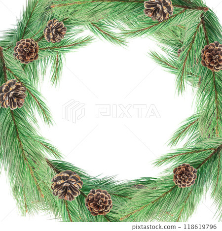 Pine branch with pine cones watercolor frame isolated on white. High quality hand painted illustration perfect for cards, napkins, posters, patterns and decor. Christmas and New Year decor clip art Pine branch with pine cones watercolor frame isolated on white. High quality hand painted illustration perfect for cards, napkins, posters, patterns and decor. Christmas and New Year decor clip art 118619796