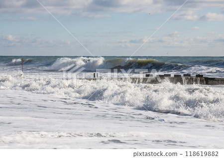 Stormy lwaves on the beach of Sochi, Russia, Black Sea 118619882