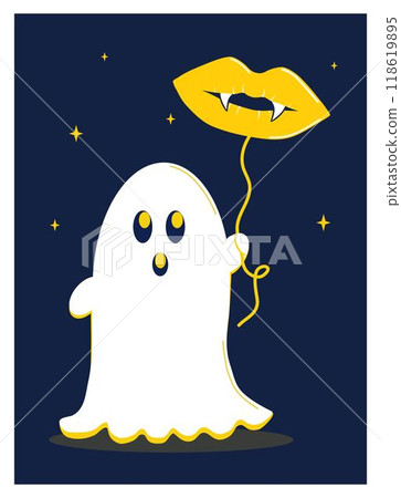 A cute ghost with a vampire lip balloon, a Halloween greeting card. A cute ghost with a vampire lip balloon, a Halloween greeting card. 118619895