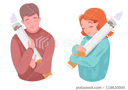 Man and woman embracing huge cigarette having tobacco addiction 118620000