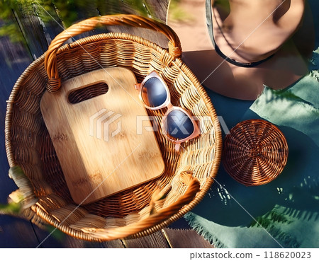 A cozy outdoor scene featuring a basket, sunglasses, and a cutting board. (1) A cozy outdoor scene featuring a basket, sunglasses, and a cutting board. (1) 118620023
