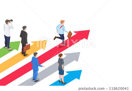 Isometric businesspeople standing on forward arrows vector illustration Isometric businesspeople standing on forward arrows vector illustration 118620041