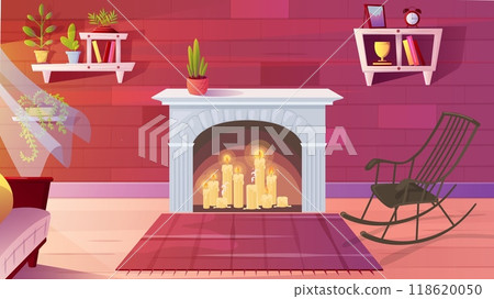 Cozy comfortable home room interior with candle and fireplace Cozy comfortable home room interior with candle and fireplace 118620050