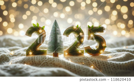 2025 numbers decorated with pine branches, Christmas tree mini, and fairy bokeh lights on a cozy blanket. Festive Christmas and New Year holiday concept 118620410