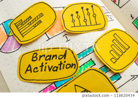 Brand activation written on graphs. Represents marketing strategies. 118620434