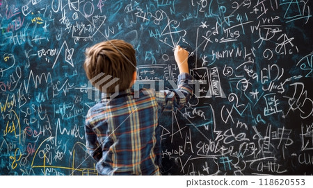 Boy in front of math and physics chalkboard, Concept of education, science, curiosity and problem solving. Boy in front of math and physics chalkboard, Concept of education, science, curiosity and problem solving. 118620553
