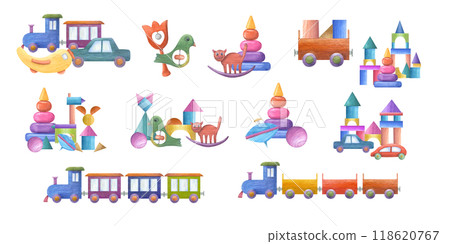 Baby wooden toys with transport, building bricks, blocks, rattle, pyramid watercolor illustration set. Multicolored compositions for kid room decor, poster, birthday greetings design 118620767