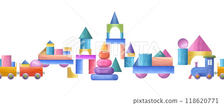Kid wooden truck, car, train, castles made from building brick watercolor horizontal seamless border. Child blocks, toys for baby playing. Illustration for children print, decor, wrapping, textile 118620771