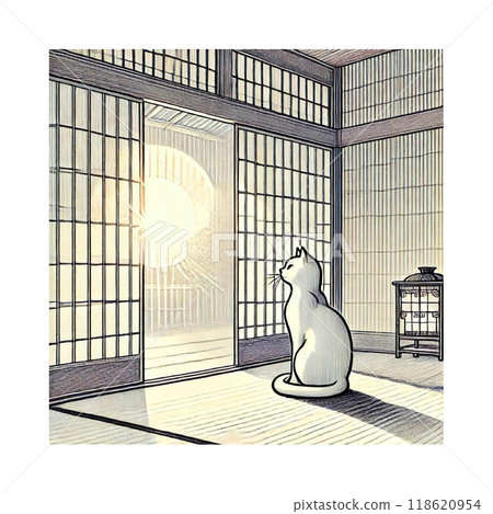 從日式房間看到的朝日貓插圖線描生成AI插圖 118620954