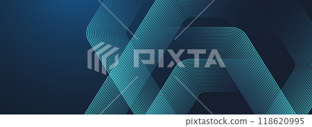 Abstract glowing hexagonal lines on dark blue background. Digital futuristic technology concept. Geometric stripe line art design for poster, brochure, cover, website, header, banner. 118620995