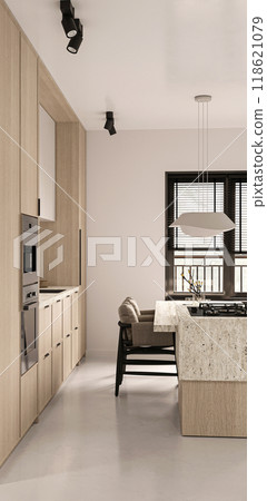 Modern kitchen interior with stone countertop island and bar stools, elegant 3d rendering 118621079