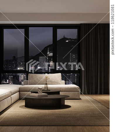Elegant and modern living room showcasing a stunning city view in the enchanting night time, 3d rendering Elegant and modern living room showcasing a stunning city view in the enchanting night time, 3d rendering 118621081