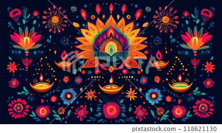 Colorful illustration of Diwali and Dussehra celebrations with diyas, fireworks, and rangoli designs 118621130