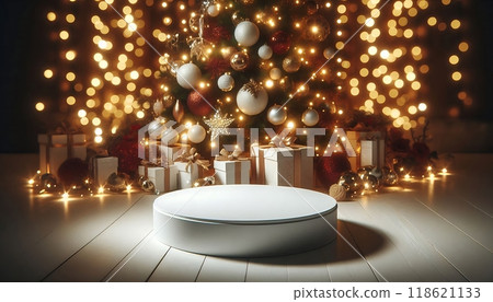 Empty round podium with Christmas gifts and decorated tree in bokeh lights background. Holiday mockup for product display Empty round podium with Christmas gifts and decorated tree in bokeh lights background. Holiday mockup for product display 118621133