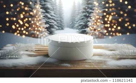 Empty white round podium on wooden surface with snow and Christmas trees in the background with bokeh lights. Winter holiday product display mockup concept Empty white round podium on wooden surface with snow and Christmas trees in the background with bokeh lights. Winter holiday product display mockup concept 118621141