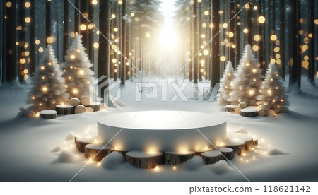 Winter forest scene with a round podium, Christmas trees, fairy bokeh lights, and snow-covered logs. Holiday mockup display for product presentation 118621142