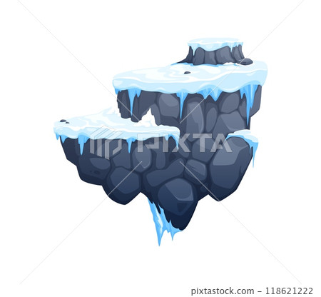 Arcade game platform with ice and snow on stone rock levels, vector cartoon asset for winter game. Floating island or levitation mountain rock stones platform with snow and ice for adventure game Arcade game platform with ice and snow on stone rock levels, vector cartoon asset for winter game. Floating island or levitation mountain rock stones platform with snow and ice for adventure game 118621222