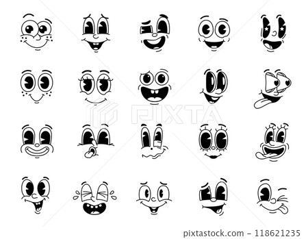 Cartoon comic groovy face, eye emoji and retro cute emotion characters vector set. Funny exaggerated facial expressions of joy, surprise, confusion and mischief with bold lines and monochrome colors Cartoon comic groovy face, eye emoji and retro cute emotion characters vector set. Funny exaggerated facial expressions of joy, surprise, confusion and mischief with bold lines and monochrome colors 118621235
