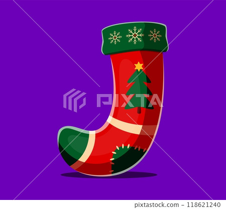 Merry Christmas font alphabet, letter J as gifts sock for winter holiday, cartoon vector type. Christmas font or Xmas greeting festive typeface and New Year alphabet of letter J as sock or stocking Merry Christmas font alphabet, letter J as gifts sock for winter holiday, cartoon vector type. Christmas font or Xmas greeting festive typeface and New Year alphabet of letter J as sock or stocking 118621240